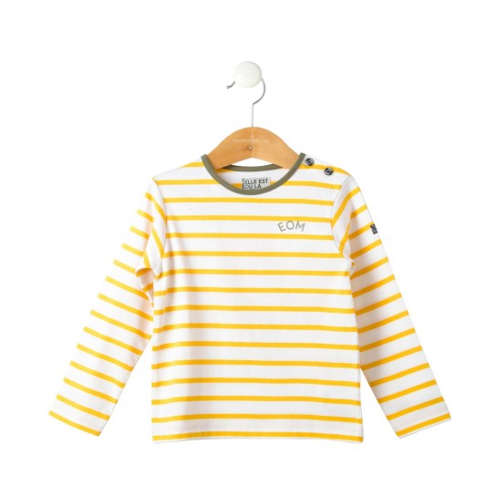 Tee shirt ML fond blanc rayé jaune 10 ans